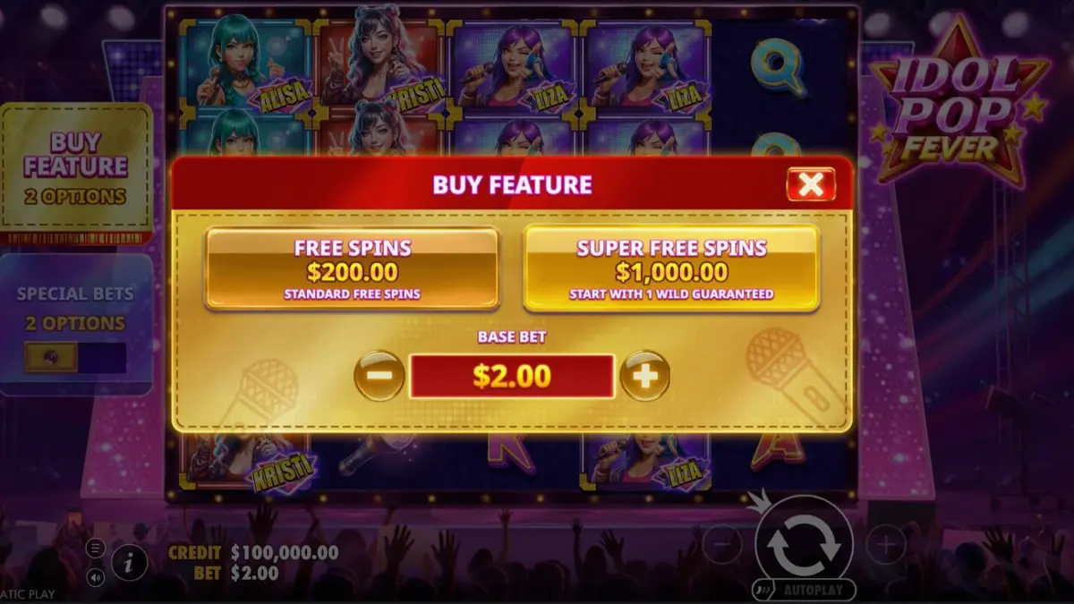 Interface do slot Idol Pop Fever com luzes de neon e elementos de palco