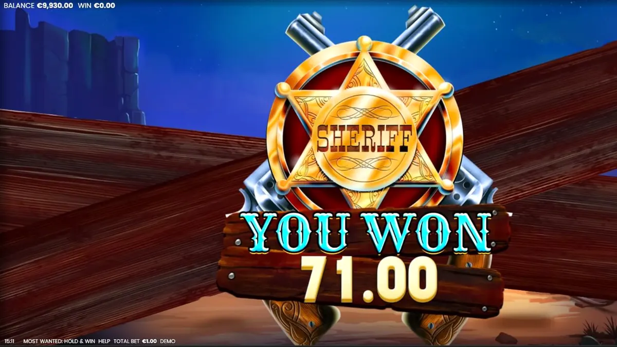 Most Wanted: Hold & Win slot machine interface featuring Western-themed symbols and sheriff badges.